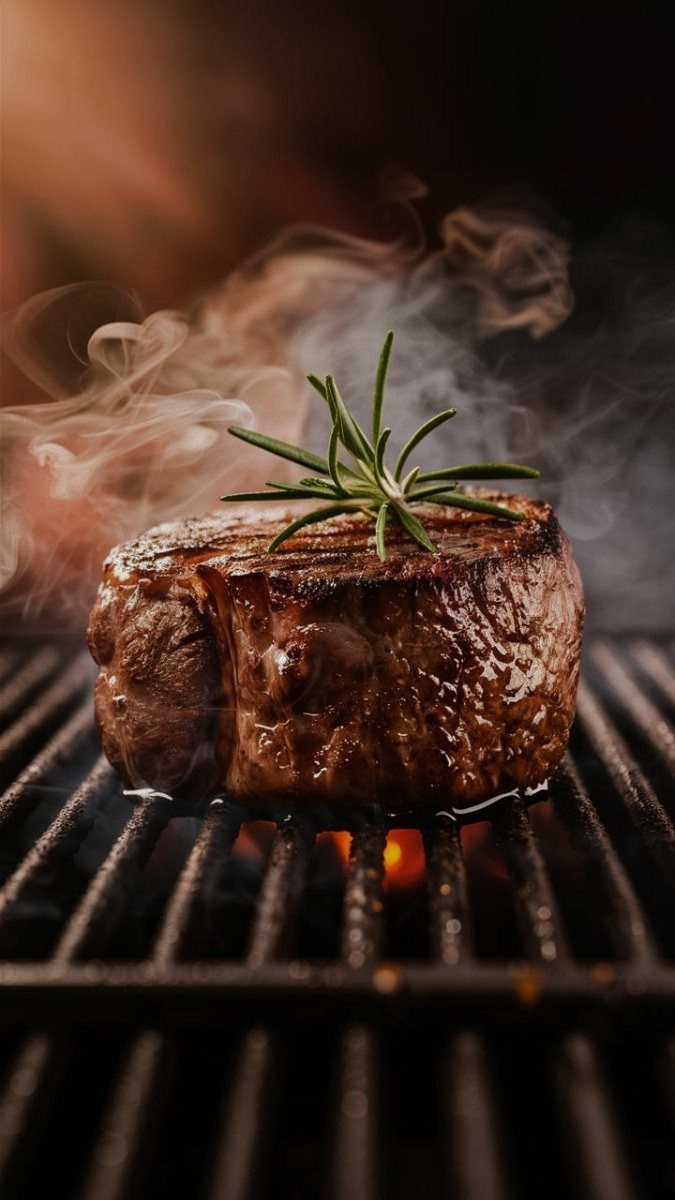 Corte de carne con romero sobre la parrilla y humo